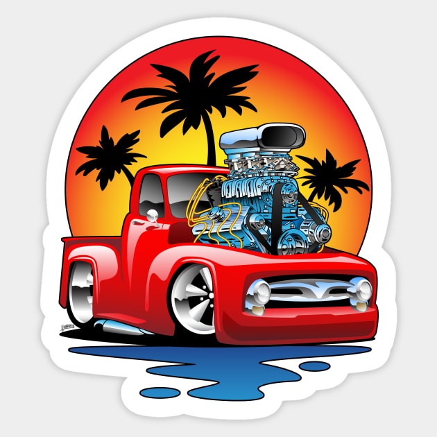 Classic American Hot Rod Pick-up Truck with Sunset Cartoon Sticker by hobrath